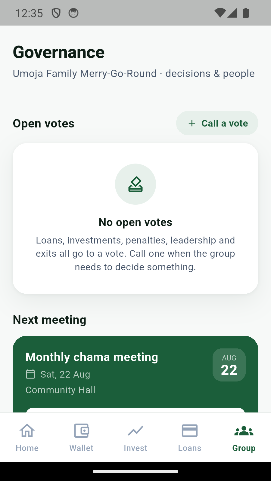 ChamaClub meetings and group decisions screen